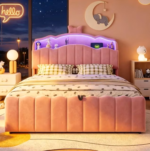 Letto bimbi 140x200 cm velluto rosa con contenitore idraulico, senza materasso –