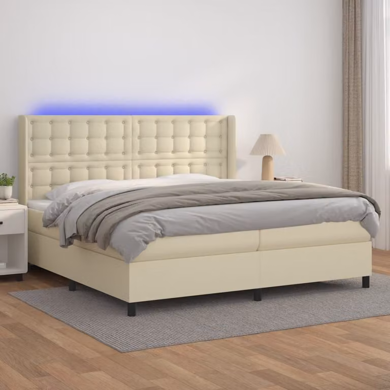 The Living Store Letto a molle con materasso e LED crema 200x200 cm in ecopelle