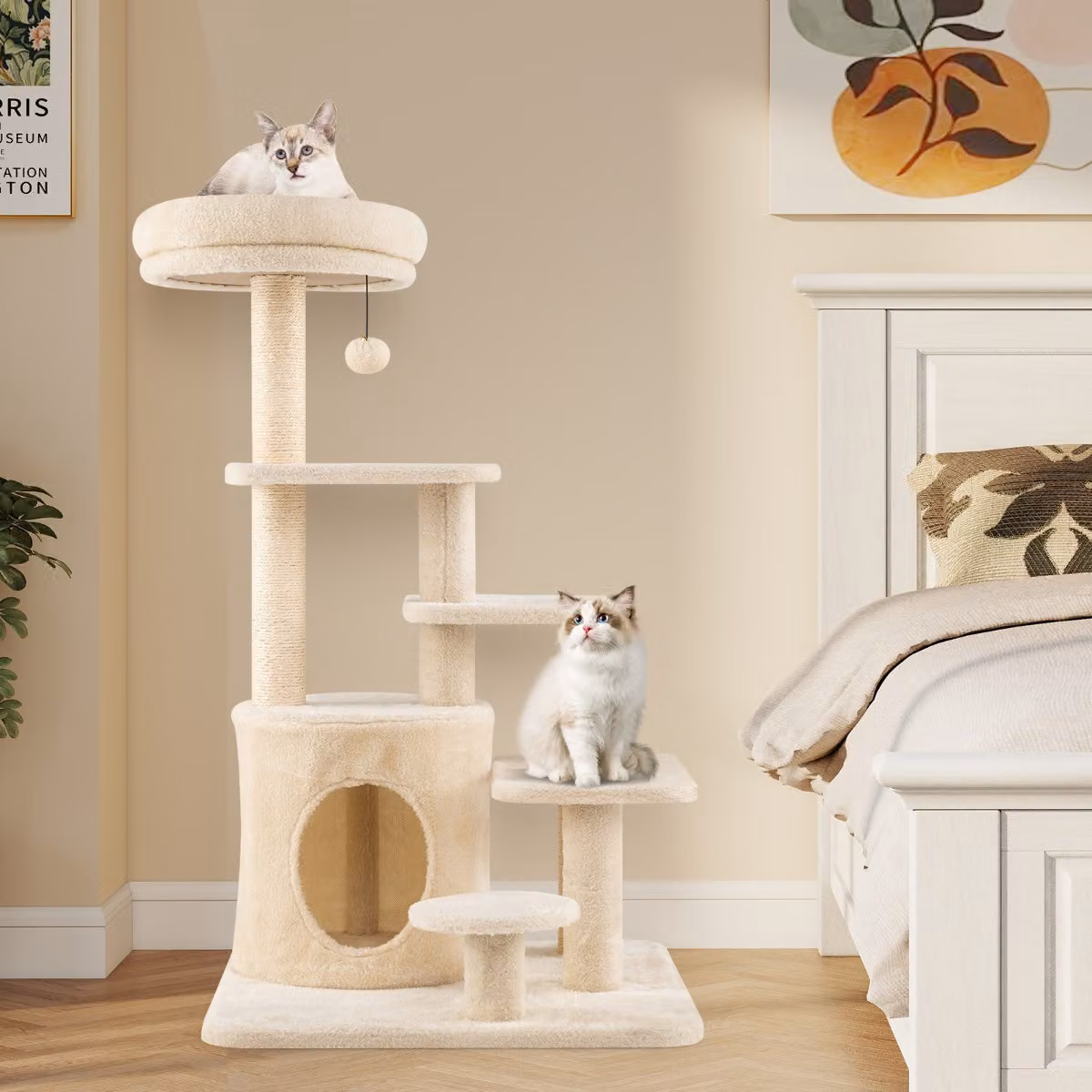 Albero per gatti Costway con posatoio, pallina e campanellino, in sisal, beige, Altezza: 102 cm