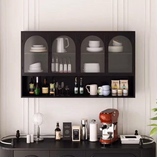 Armadio a muro 4 ante in vetro grigio, struttura nera, 120 cm, per cucina, soggiorno e bagno