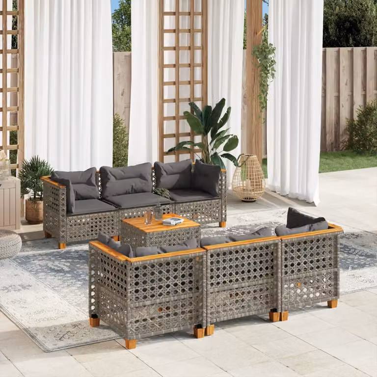 Set di divani da giardino vidaXL in polyrattan grigio con cuscini, tavolino e moduli a L per esterno