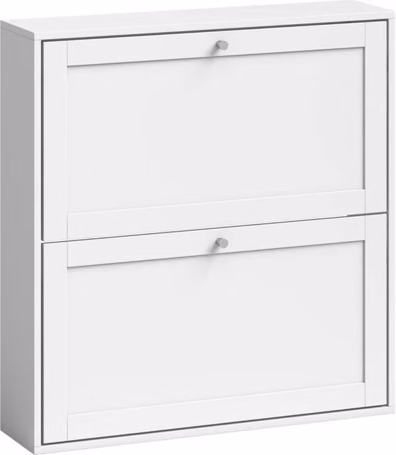 Scarpiera moderna in legno bianco per ingresso con vani inclinabili e ripiani interni, L: 80 cm, P: 20 cm, H: 84 cm
