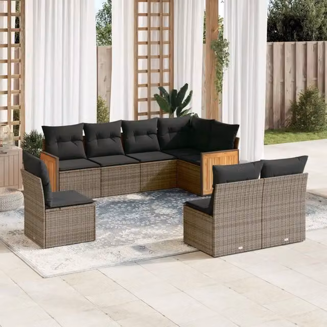Set Divano da Giardino VIDAXL in Polyrattan Grigio con Cuscini, 8 Posti