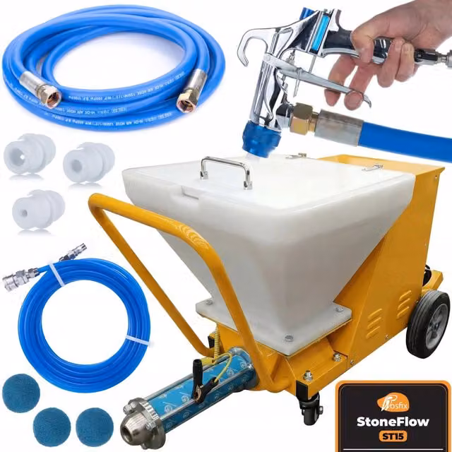 Pompa per intonaco Rosfix StoneFlow ST15 gialla con motore da 3000W e ugelli 6/8/10 mm