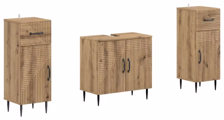 Set di due mobili da bagno, modello HAARLEM, in legno effetto rovere artigianale