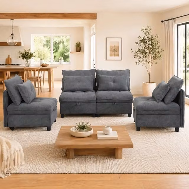 Divano modulare 4 posti con contenitore e funzione letto in ciniglia grigio antico