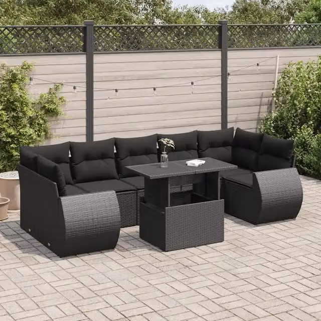 Set Divani da Giardino con Cuscini 8 pz Nero in Polyrattan 3326596