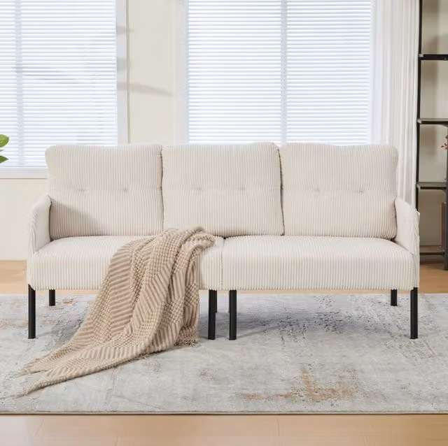 Divano 3 posti in velluto a coste con tasca laterale; 171x72x80 cm; beige