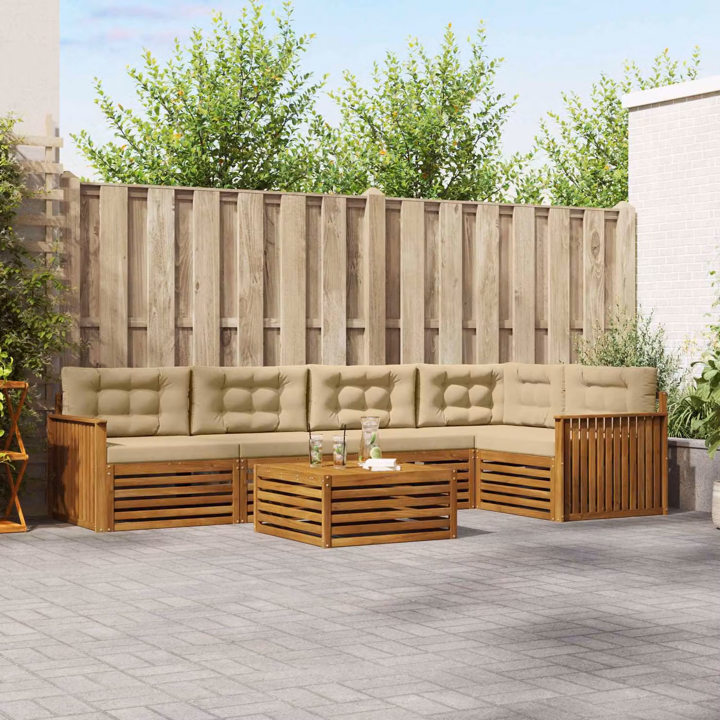 Set di divani da esterno vidaXL 6 pz in legno di acacia con cuscini e tavolino, colore marrone e beige