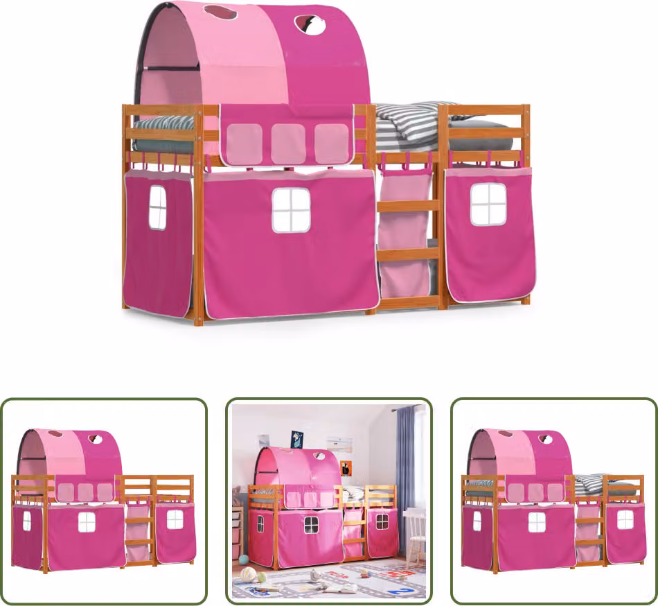 The Living Store Letto a castello con tende rosa 90x190 cm in legno di pino massiccio