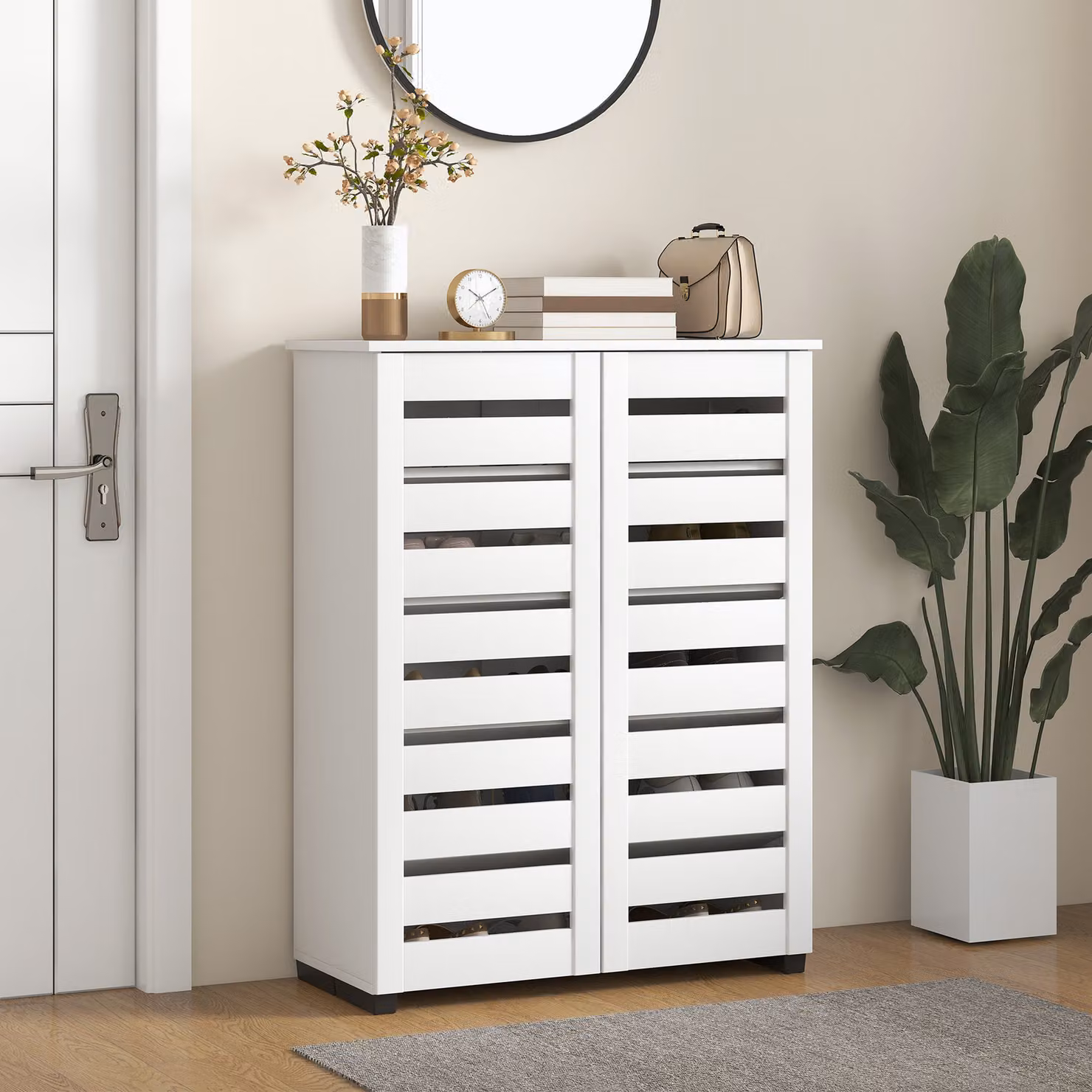 Scarpiera Moderna HOMCOM in Legno Bianco con 5 Livelli, 4 Ripiani Regolabili e Ante a Doghe per 15 Paia di Scarpe, L: 76 cm, P: 33 cm, H: 98 cm – 2