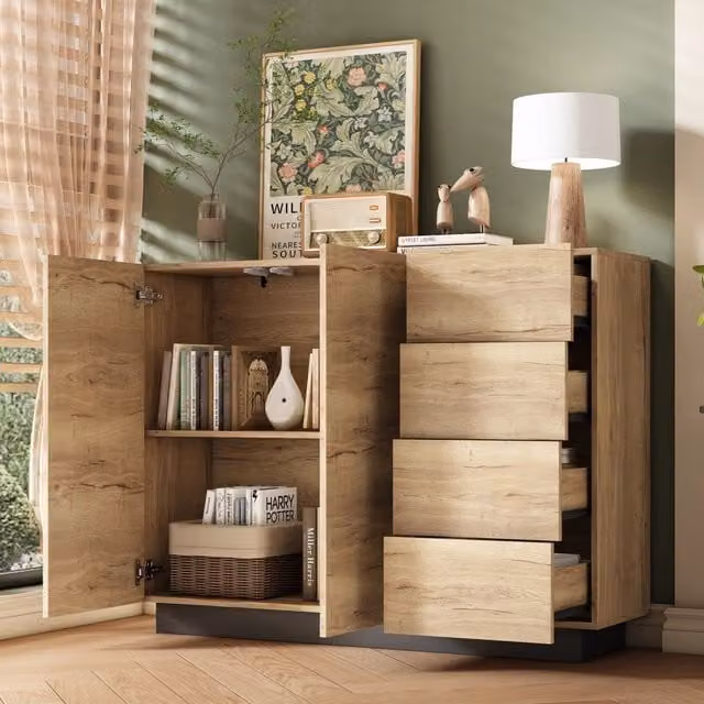 Comò Credenza Sideboard 2 Ante 4 Cassetti, Nero e Toni Naturali, 120x35,5x90,5 cm, per Soggiorno e Cucina