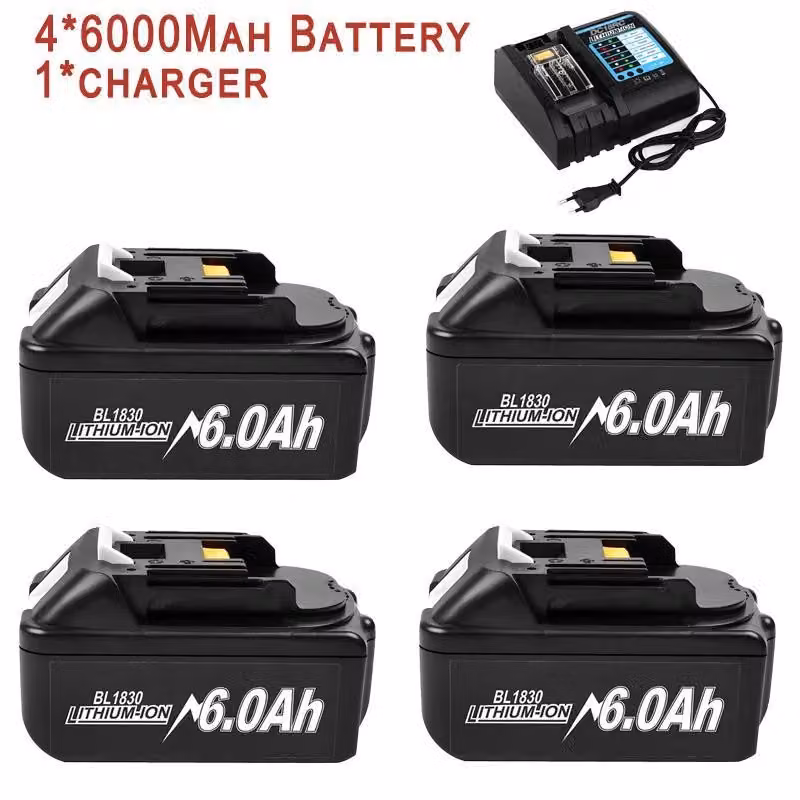Batteria ricaricabile, capacità 6000 mAh, compatibile con diversi utensili, 6 Ah x 4, caricabatterie x 1