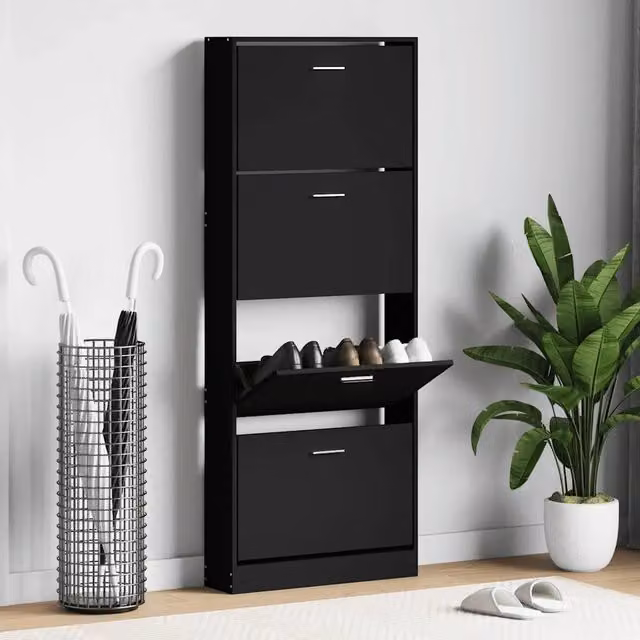 Scarpiera moderna Design Mania nera con scomparti basculanti e ripiani interni, L: 59 cm, P: 17 cm, H: 150 cm