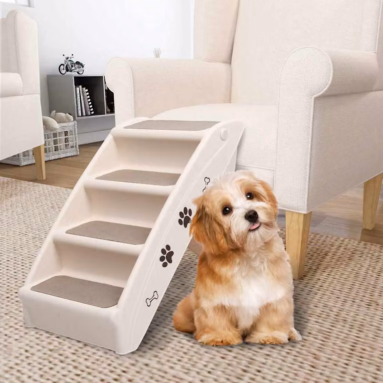 vidaXL Scala Pieghevole per Cani in Plastica Antiscivolo, Beige, L 62 cm x P 40 cm x H 49,5 cm