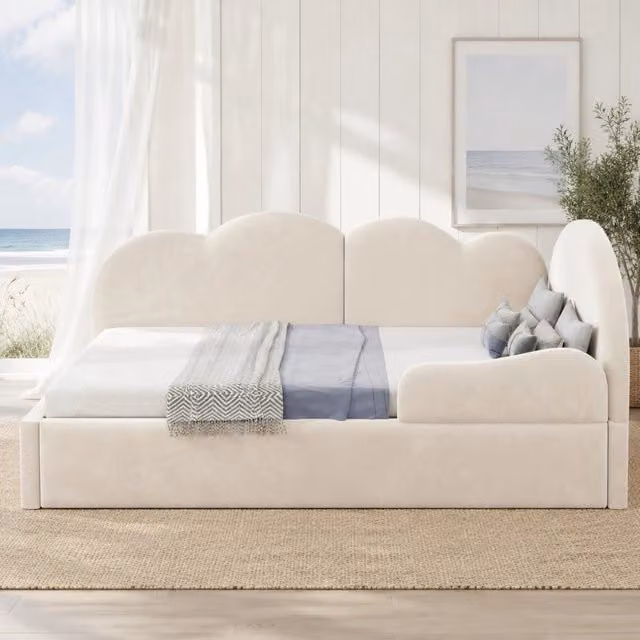 Divano letto a L imbottito beige 90×200 cm con letto estraibile e testiera a nuvola