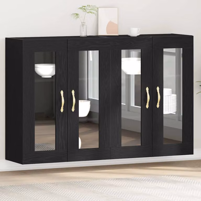 Set di 2 armadi da parete moderni vidaXL con ante in vetro, colore nero e marrone, L/P/H: 69,5 x 34 x 90 cm