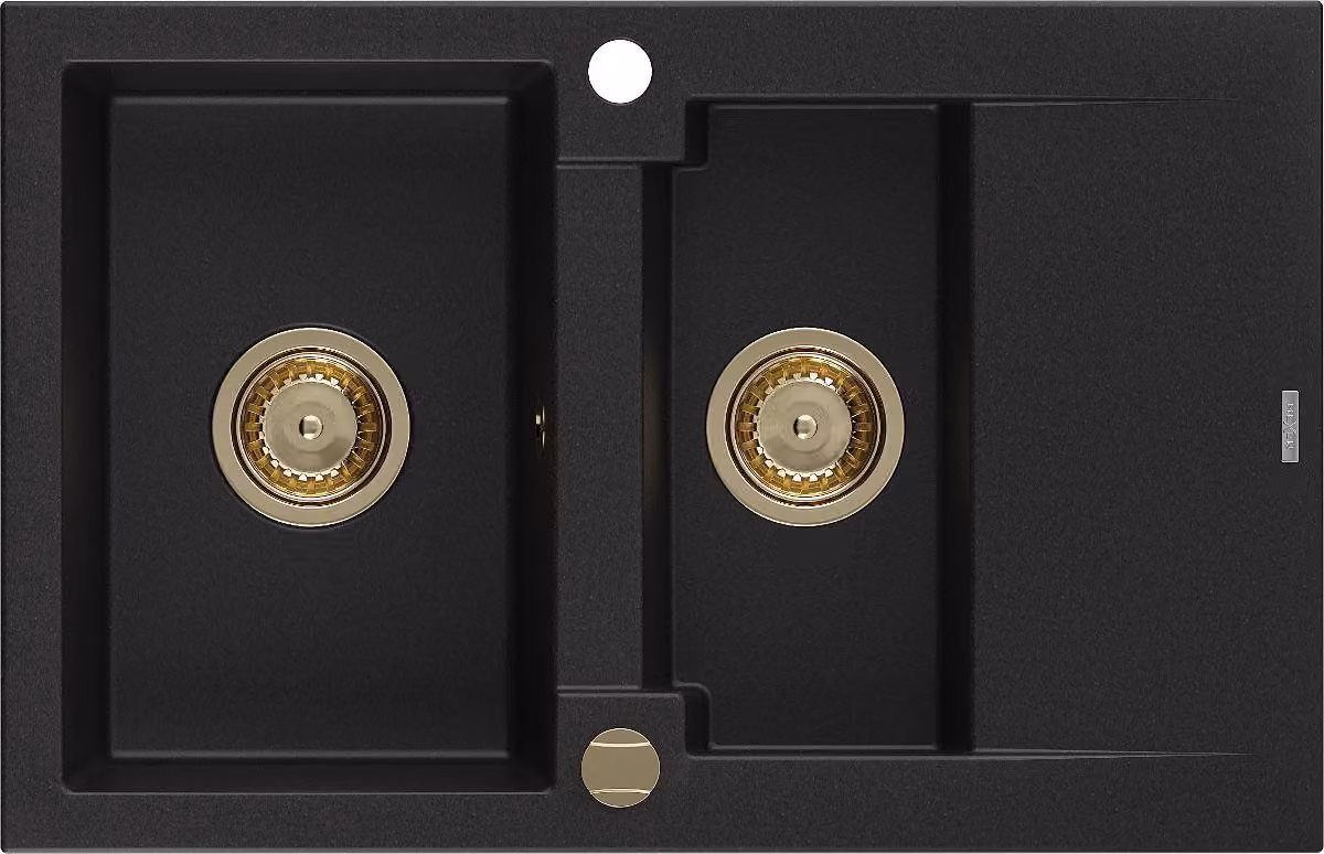 Mexen Gaspar lavello in granito 1,5 vasche con sgocciolatoio 737 x 475 mm, nero, sifone dorato - 6507731505-77-G