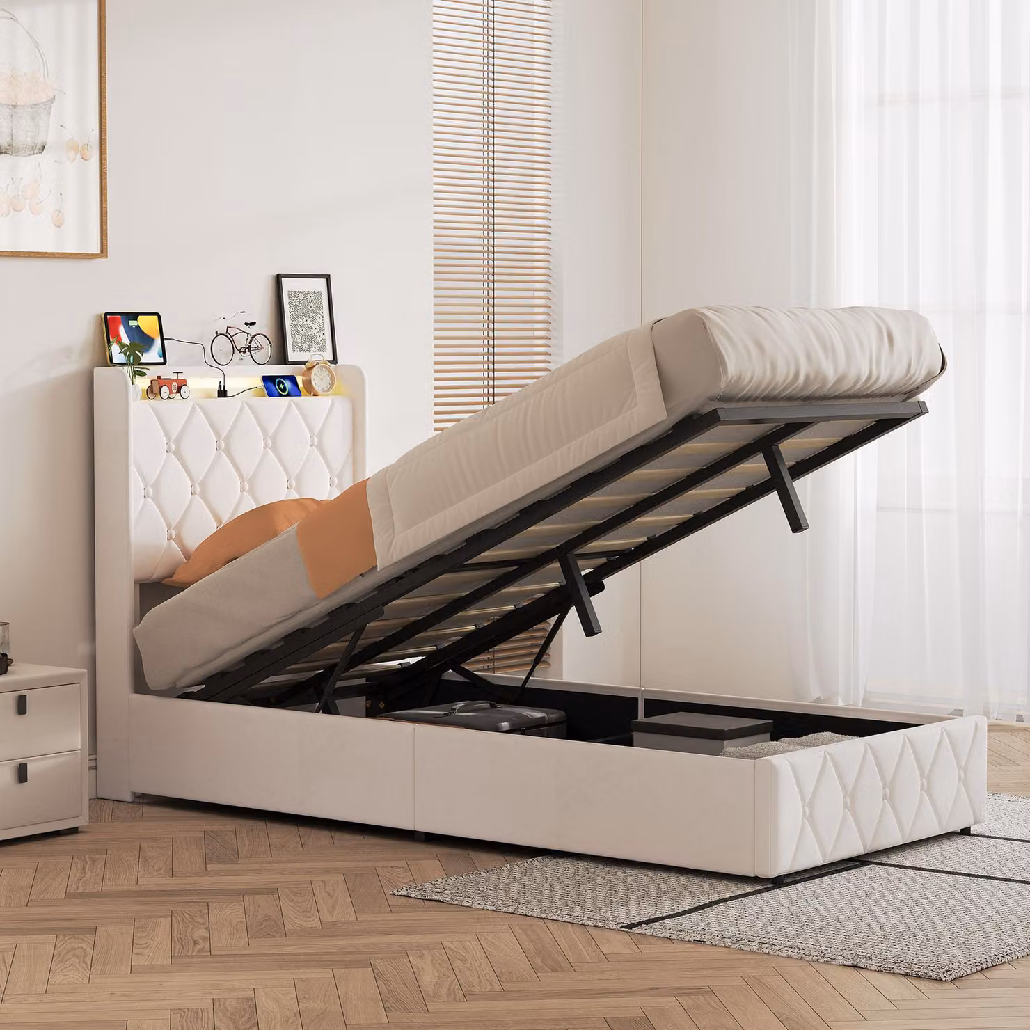Letto imbottito 90x200 cm con contenitore, luci LED RGB, porta USB-C, sistema di sollevamento idraulico, spazio contenitivo, testiera imbottita, letto singolo color beige