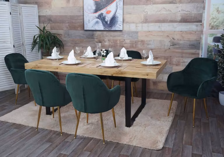 set di 6 sedie per sala da pranzo HWC-F18, sedia da cucina, design retrò ~ verde velluto, gambe dorate