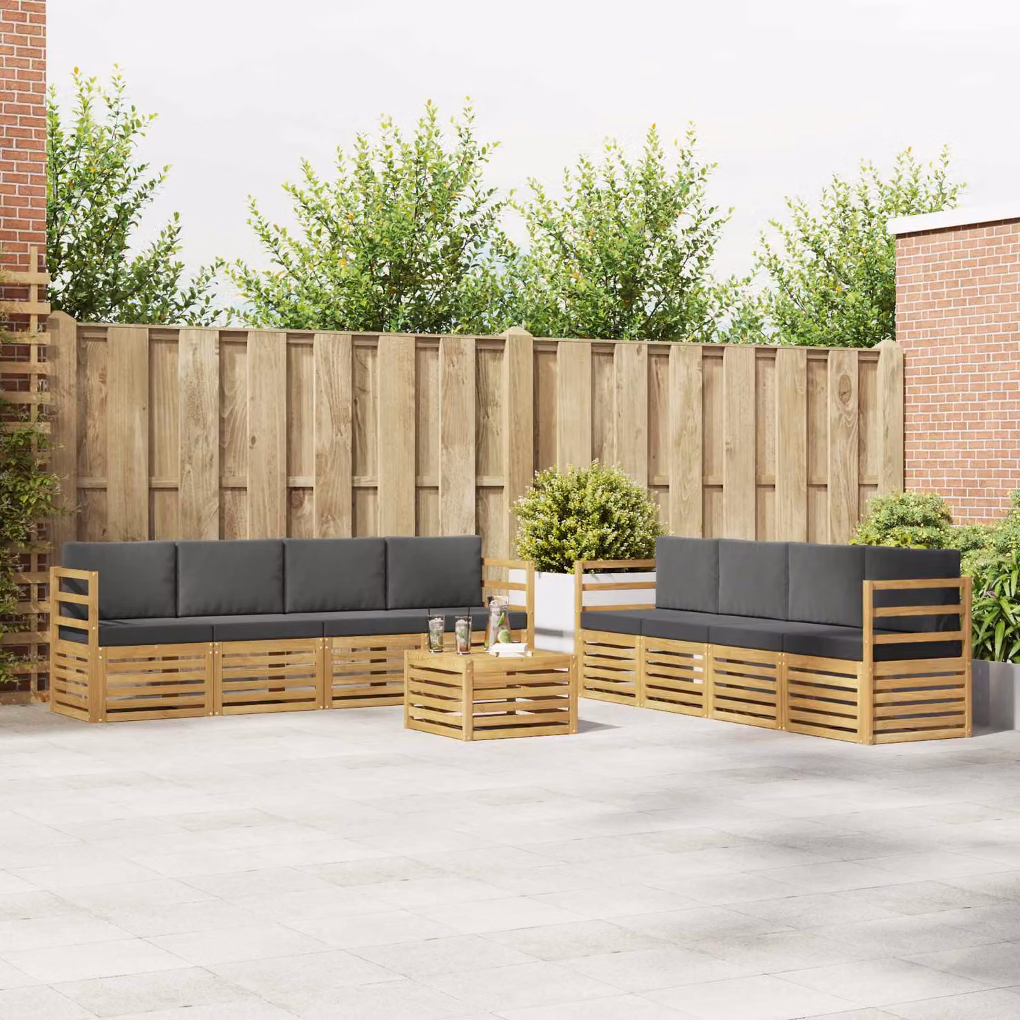 Set di divani da esterno vidaXL a forma di U con tavolino da giardino, composto da 9 pezzi in legno di acacia e tessuto bianco e antracite