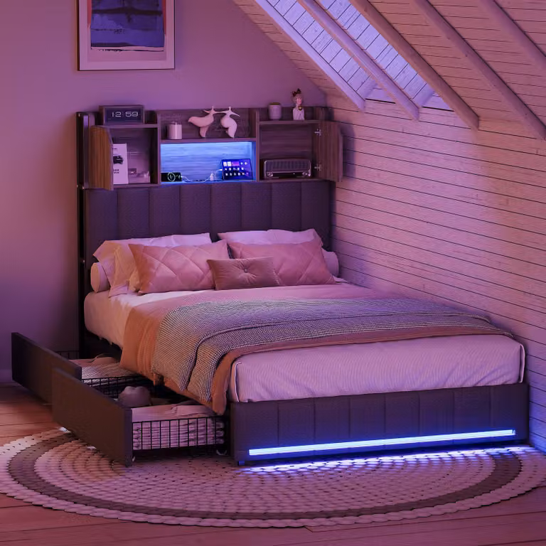 Letto singolo UnboxG 90x200 cm in lino con LED, connessione USB, spazio di archiviazione e 2 cassetti, letto con contenitore per la testata, letto contenitore grigio