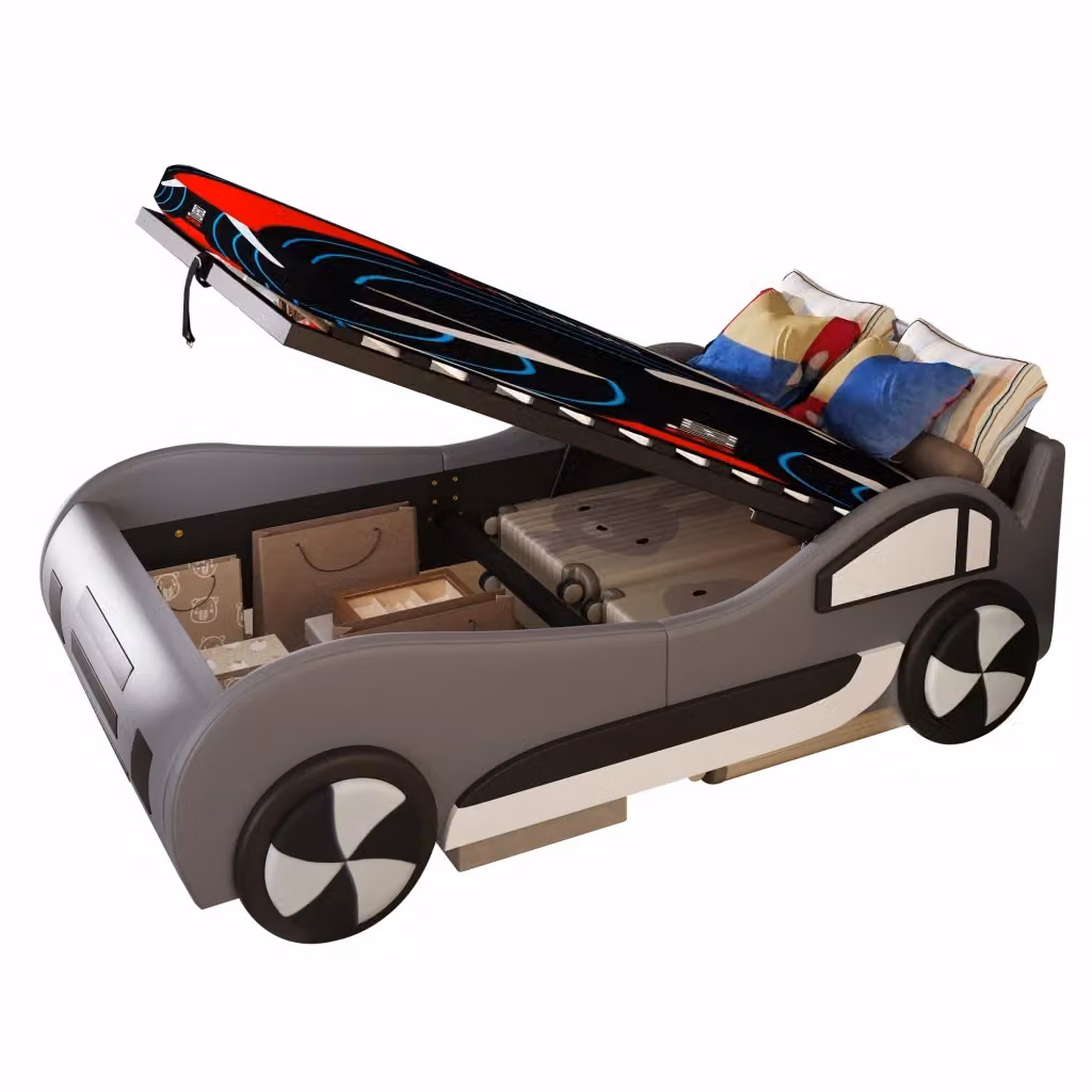 Letto per bambini a forma di auto con contenitore idraulico e rete inclusa, grigio, L/P/H: 200 x 90 x 102 cm – 2