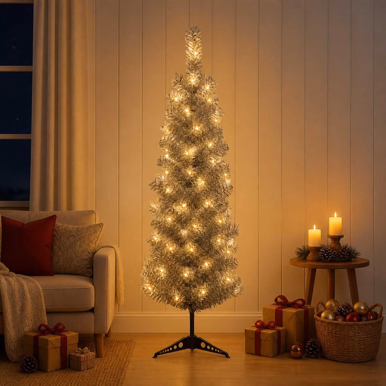 Albero di Natale artificiale, design sottile, altezza 150 cm, 150 luci LED