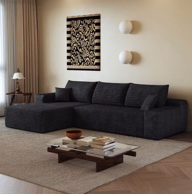 Divano in tessuto a coste con imbottitura in schiuma; 270x175x83 cm; nero