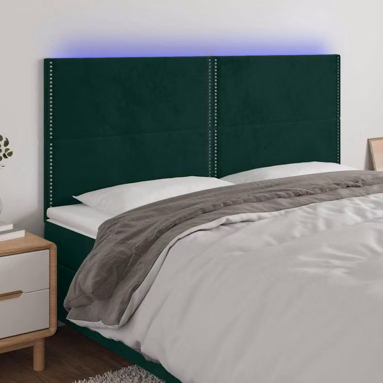 Testiera per letto vidaXL in velluto verde scuro con illuminazione LED integrata e porta di ricarica USB, L: 200 cm, H: 128 cm, P: 5 cm