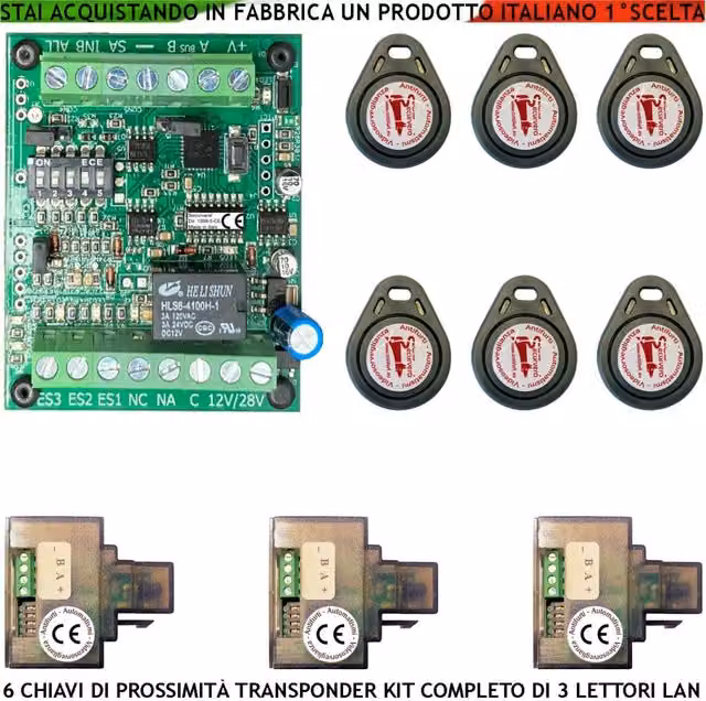 Kit Chiave di Prossimità Securvera con 6 Chiavi TAG Trasponder e 3 Lettori su Modulo LAN Universale 501/503 RJ45 Alimentazione 12/24V con Relè di Scambio e Segnale di Stato 4 LED