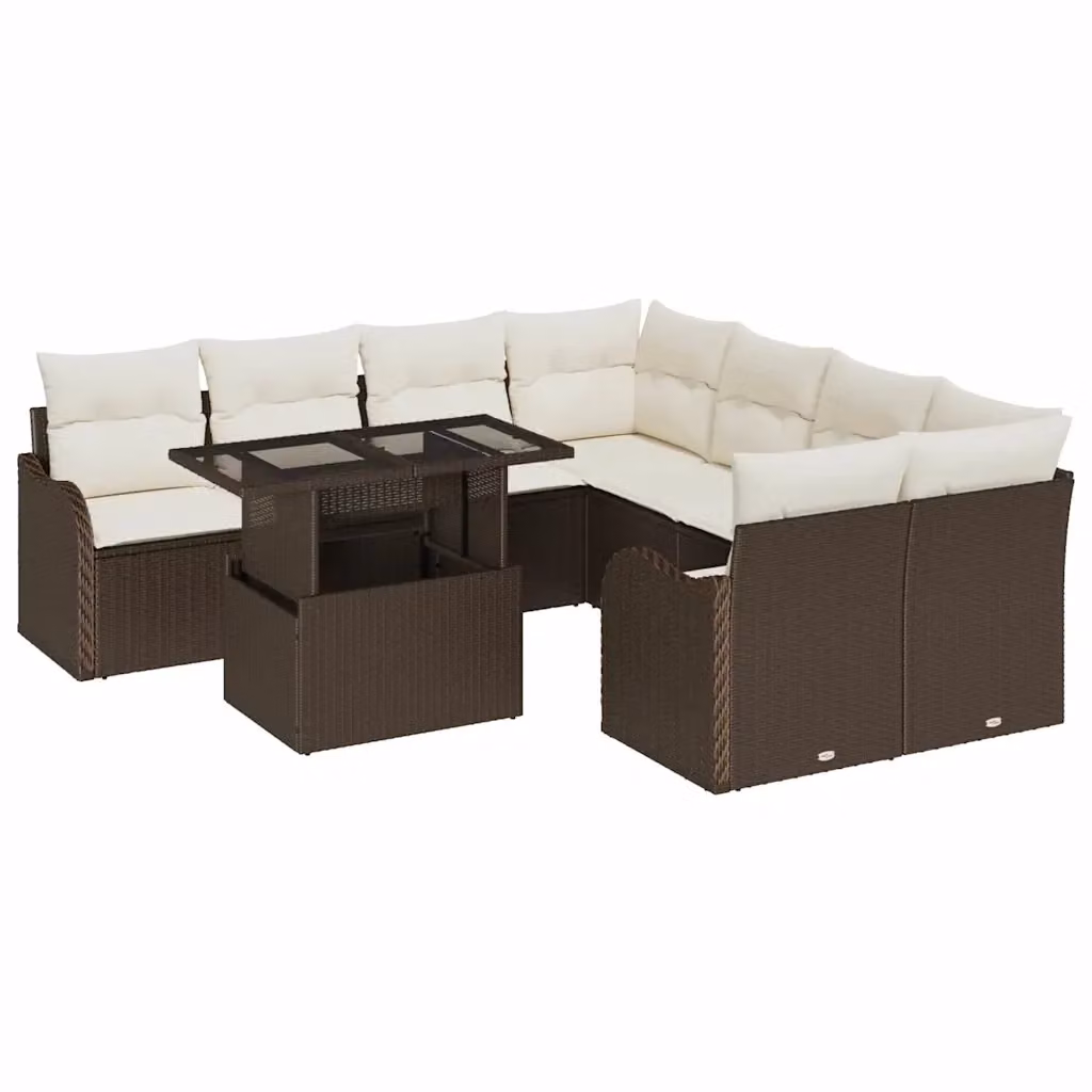 vidaXL Set Divano da Giardino a Forma di U in Polyrattan Marrone e Bianco con 9 Pezzi e Cuscini Inclusi – 2