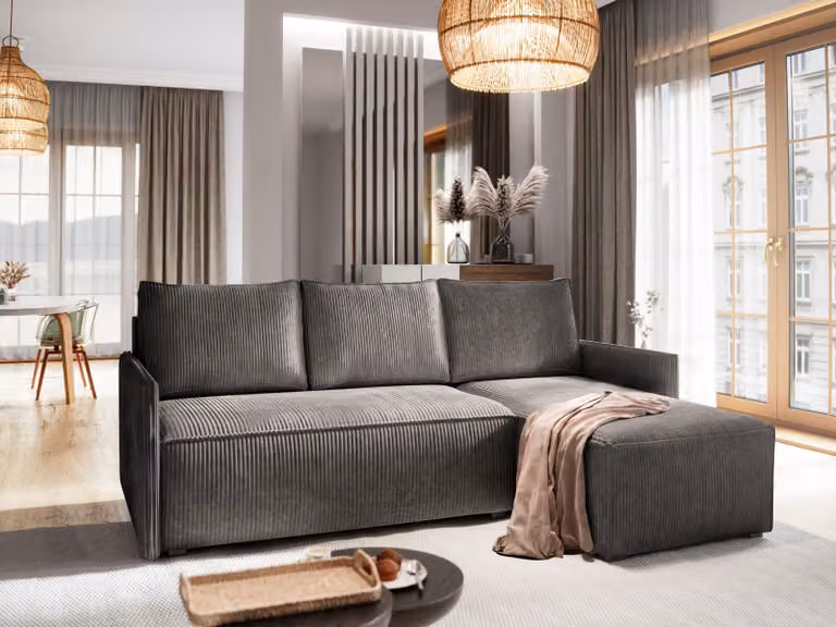Divano angolare Masseno PERUSI con funzione letto a L, divano con box letto, divano da salotto, divano, divano, divano letto, set di divani - grigio, POSO 34