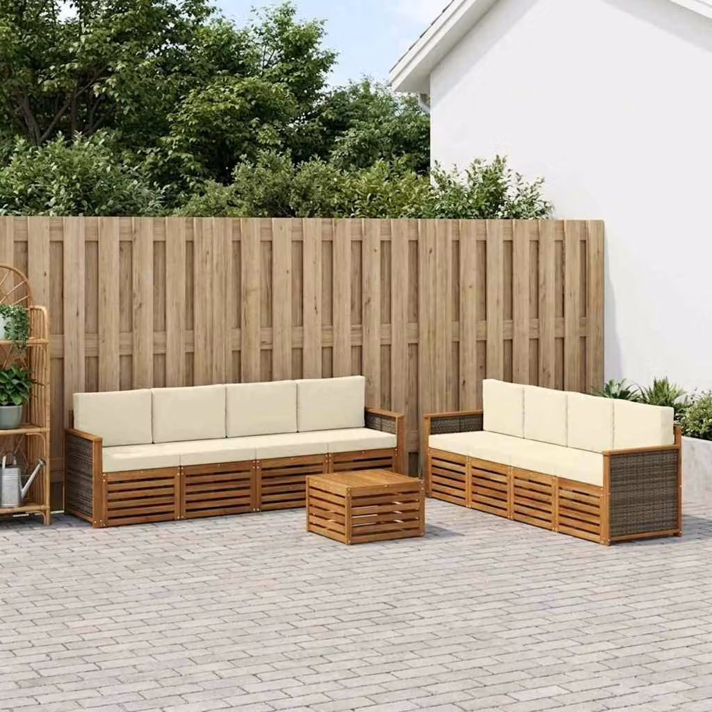 vidaXL Set di divani da esterno a L in legno di acacia con cuscini, 9 pezzi, Beige, Bianco e Marrone