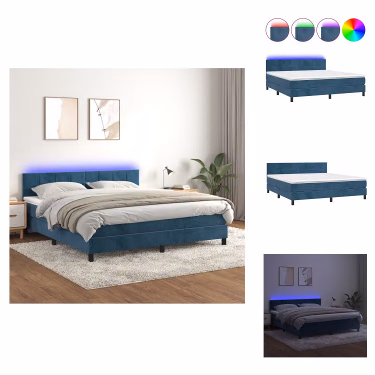 vidaXL Letto a molle con materasso e LED in velluto blu scuro 180x200 cm - Letti & strutture letto