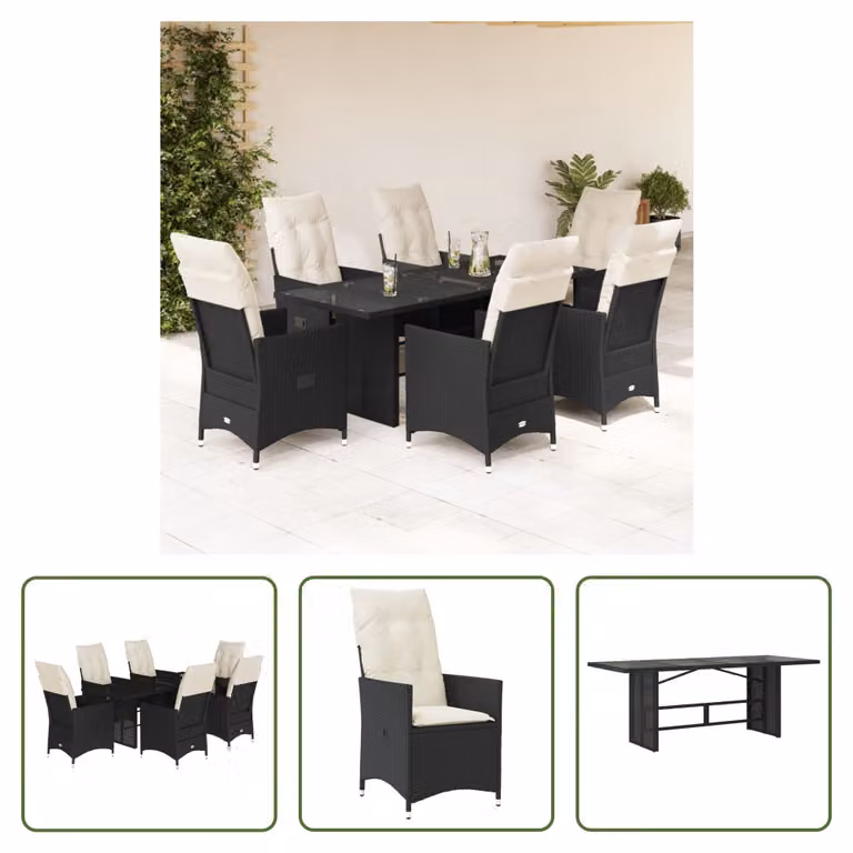 The Living Store Set da pranzo da giardino 7 pezzi con cuscini in polirattan nero