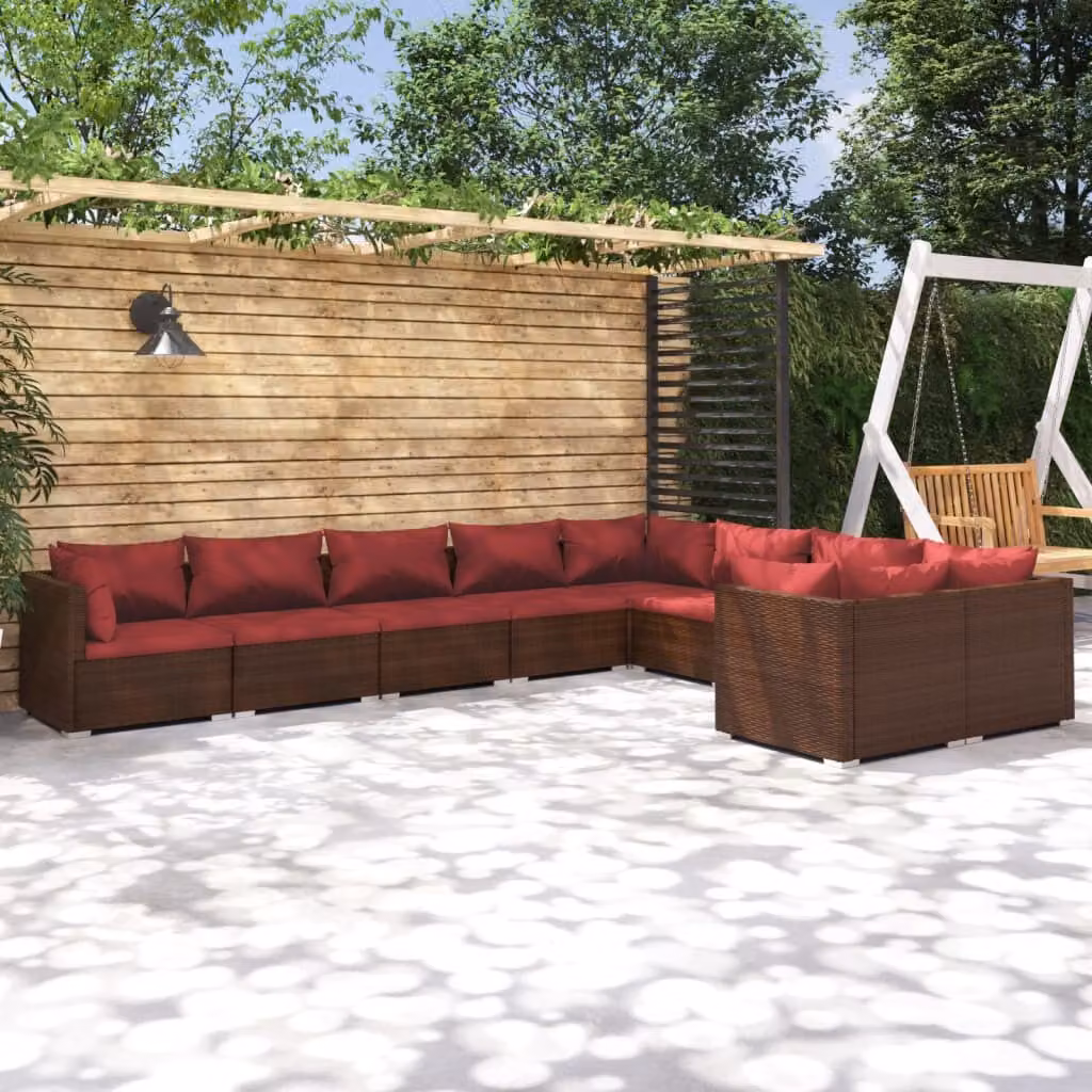The Living Store Set da giardino 9 pezzi con cuscini in poly rattan marrone