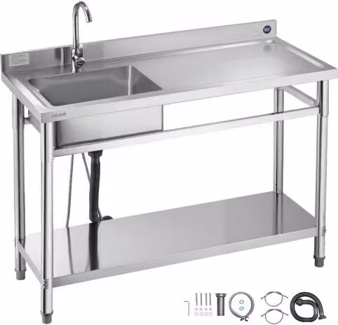 Lavandino Mobile da Cucina VEVOR Argento con Vasca Singola, Rubinetto e Ripiano, L/P/H: 120 x 50 x 94 cm