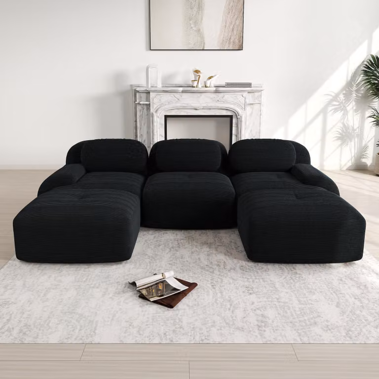 Divano a U modulare Sweiko in tessuto di velluto a coste di prima qualità, senza montaggio, antiscivolo e adatto agli animali domestici, braccioli extra larghi, rivestimento ad alta resilienza 32D per soggiorno, camera da letto e ufficio, Nero