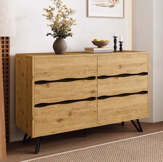 Credenza moderna con 6 cassetti effetto legno e piedini in metallo; 120 x 40 x 75;5 cm