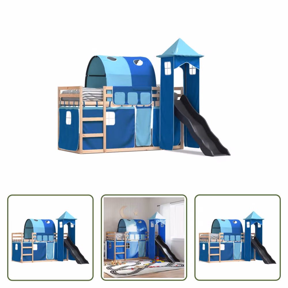 The Living Store Letto a castello con scivolo e tende Blu 80x200 cm