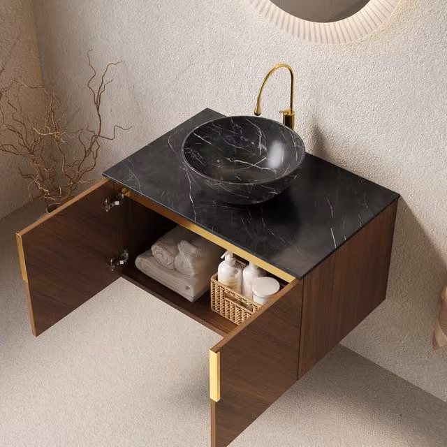 Mobile sottolavabo con 2 ante e chiusura ammortizzata, lavabo in ceramica e piano in pietra, 76 × 50 × 55,1 cm
