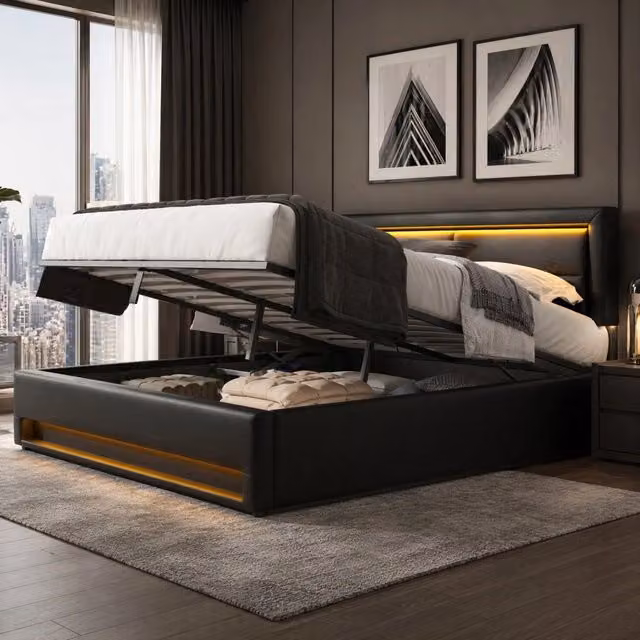 Letto imbottito 140x200 cm in PU nero con USB; illuminazione LED e contenitore