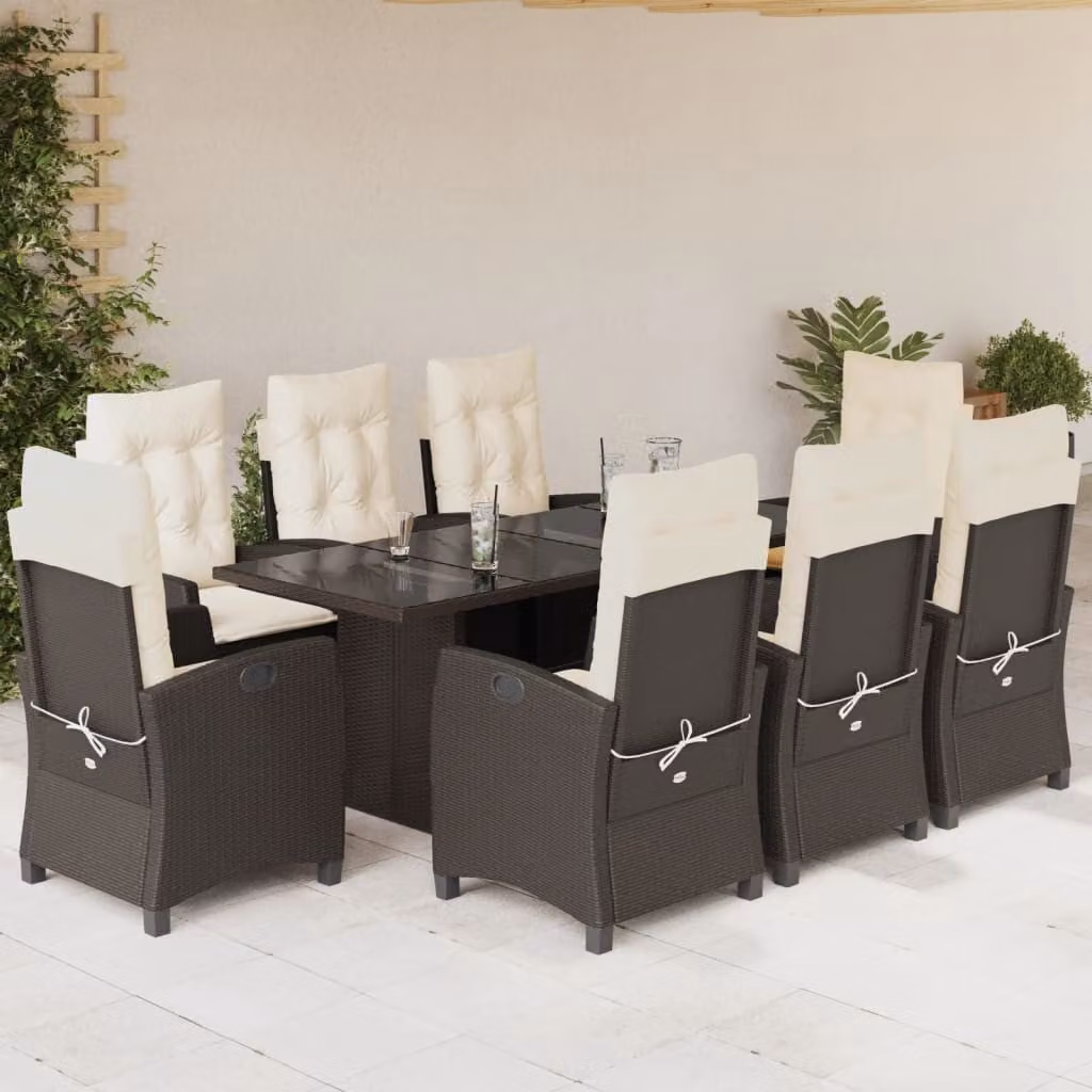 Set da Pranzo da Giardino vidaXL in Polyrattan Marrone con Cuscini Bianchi e Tavolo in Vetro 9pz – 1