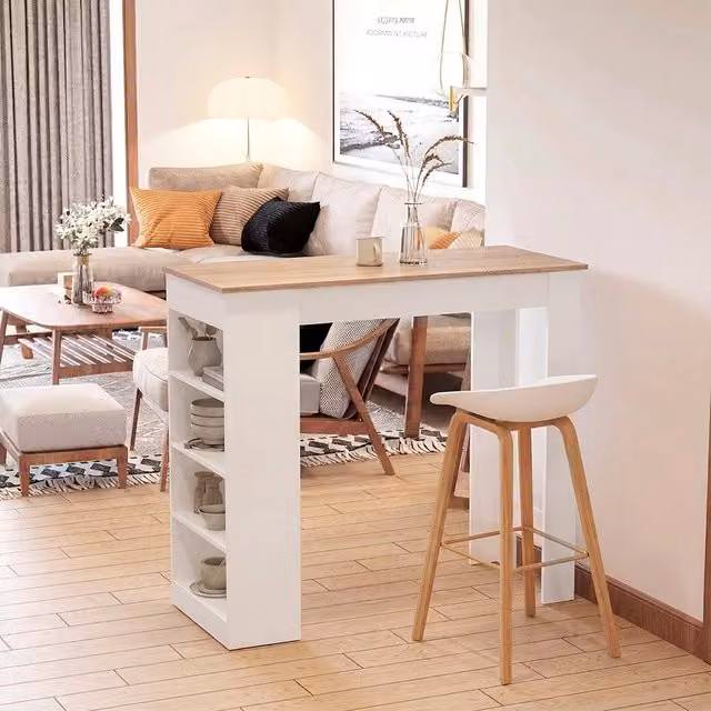 Tavolo snack alto Kivo bianco e rovere con 3 ripiani laterali L: 115 cm, P: 50 cm, H: 103 cm