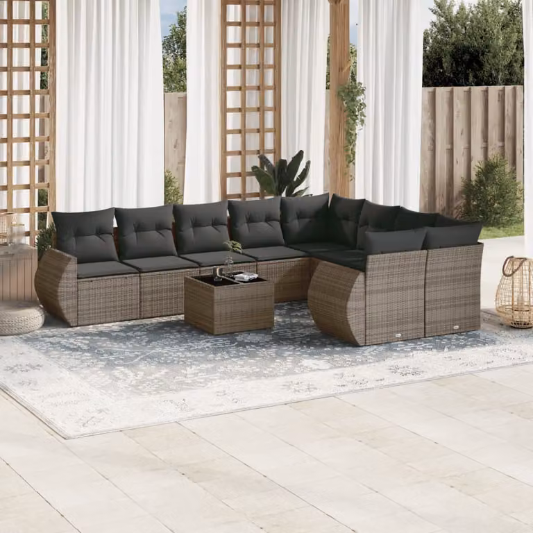 Set Divano da Giardino vidaXL 10 Pezzi con Cuscini Grigio in Polyrattan e Acciaio