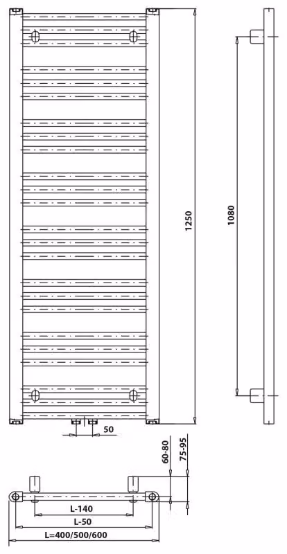 Bruckner ALBRECHT Radiatore da bagno 400x1250 mm, attacco centrale, cromato