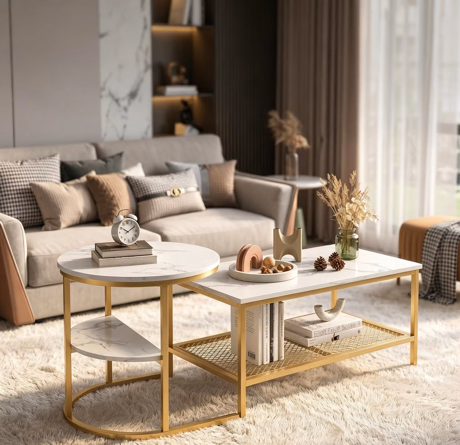 INONEFT, set di 2 tavolini laterali, tavolino da divano estendibile con spazio contenitore e struttura in metallo, adatto per soggiorno e balcone, colore oro
