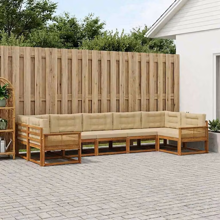 Set di divani da esterno vidaXL a forma di L in legno di acacia con cuscini, 7 pezzi, Beige e Marrone