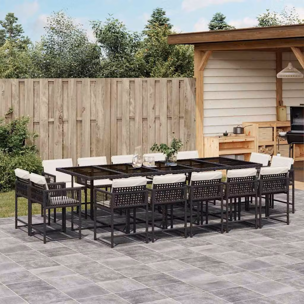 Set da pranzo da giardino vidaXL in polyrattan nero con cuscini e tavolo in vetro per 15 persone